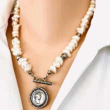 Cargar imagen en el visor de la galería, White Distressed Pearls Necklace with Repro Roman Coin Toggle Clasp, Sterling Silver, 20&quot;inches
