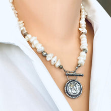 Cargar imagen en el visor de la galería, White Distressed Pearls Necklace with Repro Roman Coin Toggle Clasp, Sterling Silver, 20&quot;inches
