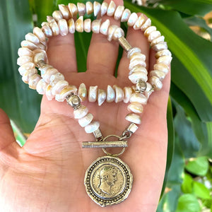 Vintage-Inspired Lavender Baroque Pearl Necklace, Sterling Silver Statement Jewelry with Repro Roman Coin Toggle Clasp, 20"In