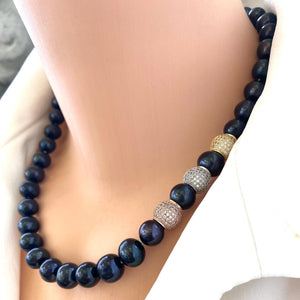 Navy Blue Pearl Necklace & Zircons Pave Rose Gold Details, 18"