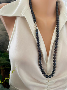 Peacock Navy Blue Pearl Long Necklace, 31 or 32"