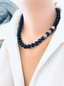 Navy Blue Pearl Necklace & Zircons Pave Rose Gold Details, 18"