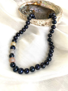 Navy Blue Pearl Necklace & Zircons Pave Rose Gold Details, 18"