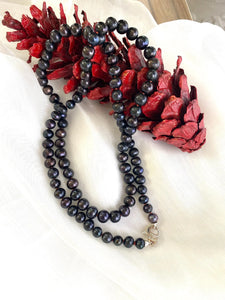 Peacock Navy Blue Pearl Long Necklace, 31 or 32"