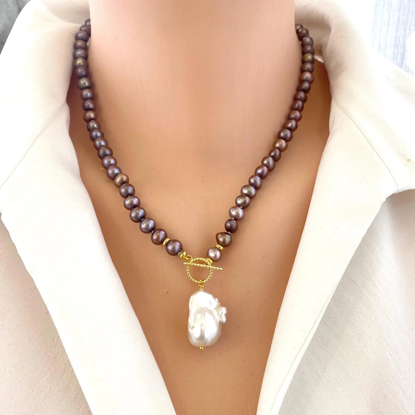Lavender Pearls Toggle Necklace & White Baroque Pearl Pendant