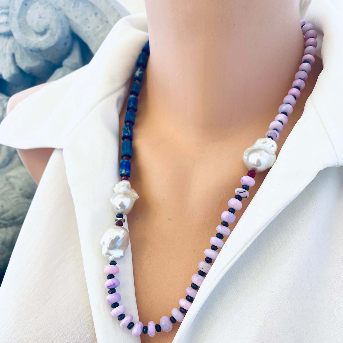 Angled view of lapis lazuli opal agate pearl necklace on mannequin — handcrafted gemstone necklace featuring opal, agate, and baroque pearls