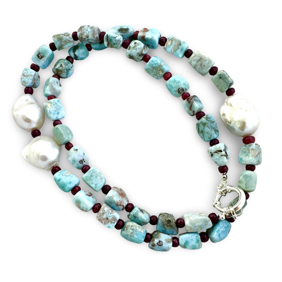 larimar, rubies and luminous baroque pearl summer necklace