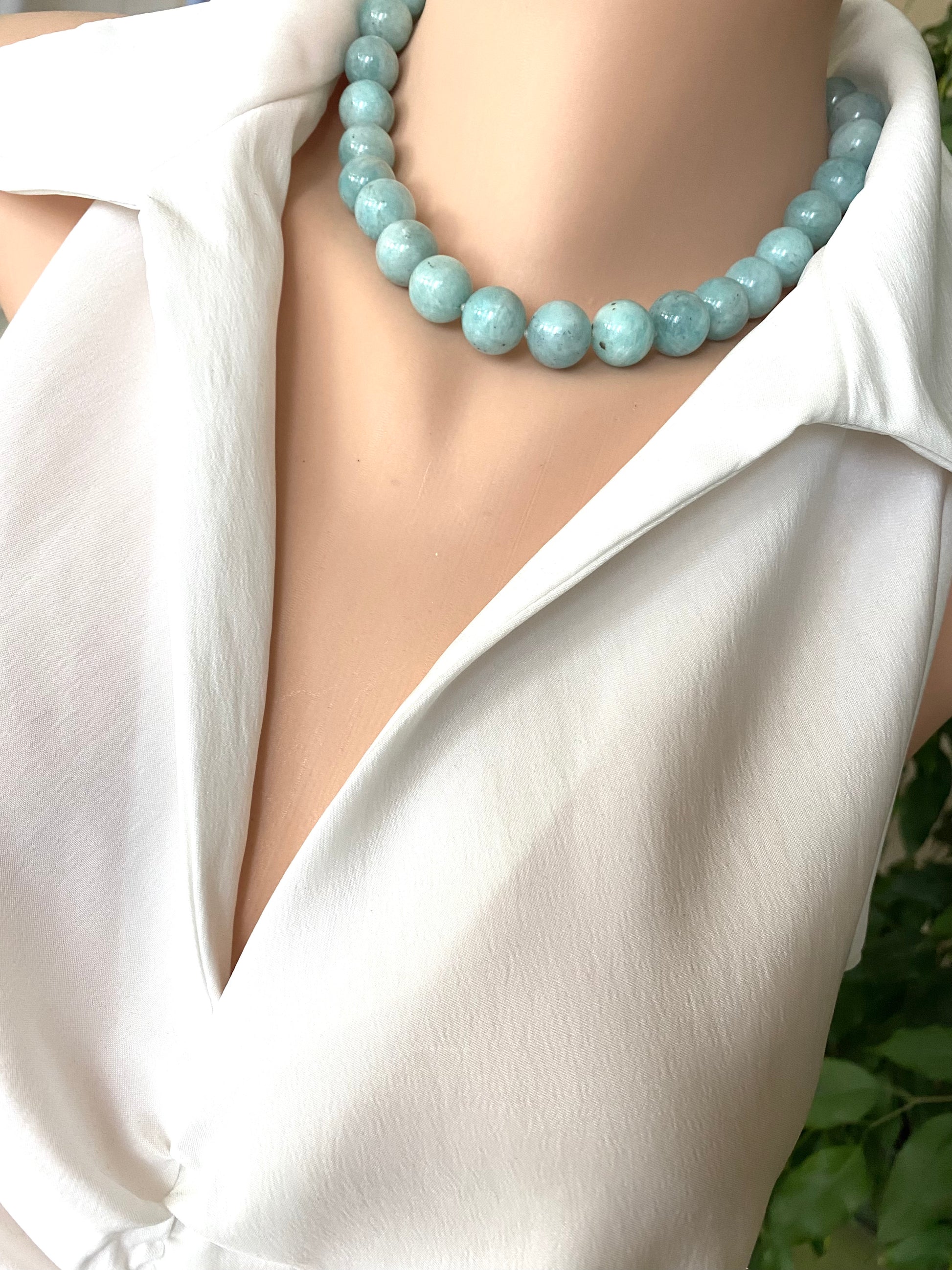 baby blue amazonite necklace up close on a bust
