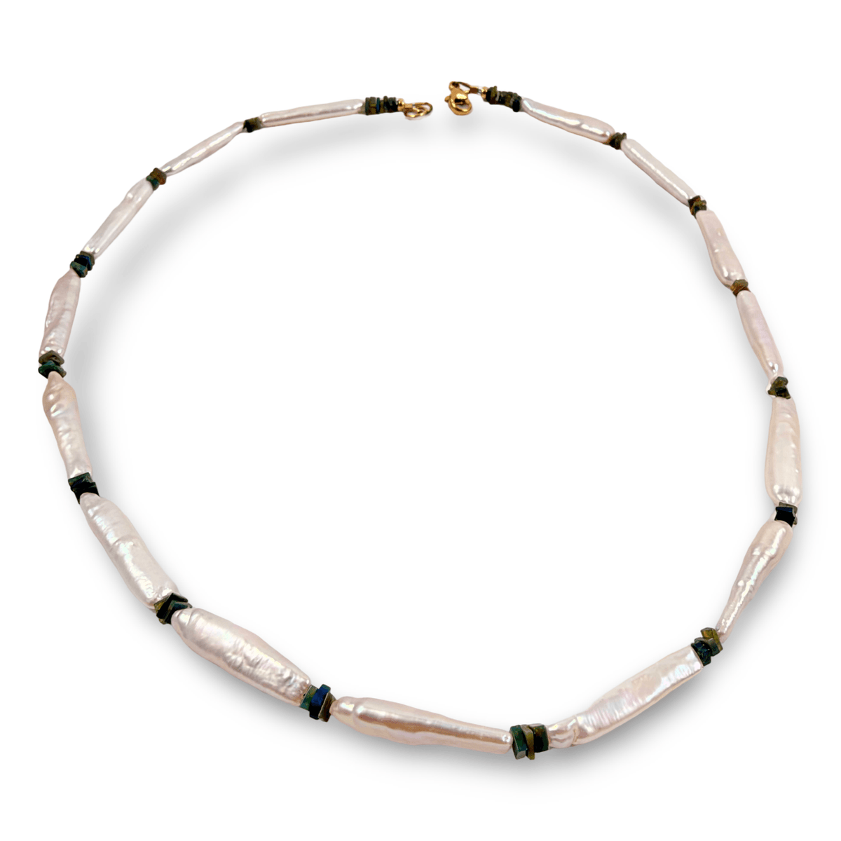 long biwa stick pearls necklace 19 inches separated with black opal square beads