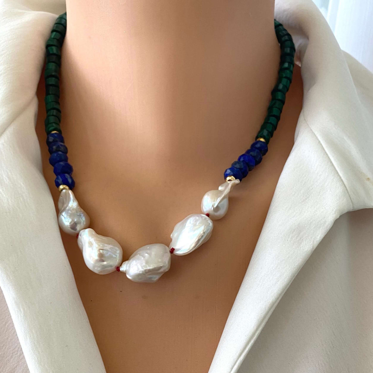 Malachite Lapis Lazuli Baroque Pearl Necklace displayed on mannequin, gold vermeil accents handmade in Canada.