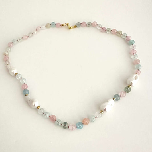 morganite aquamarine with small baroque pearls