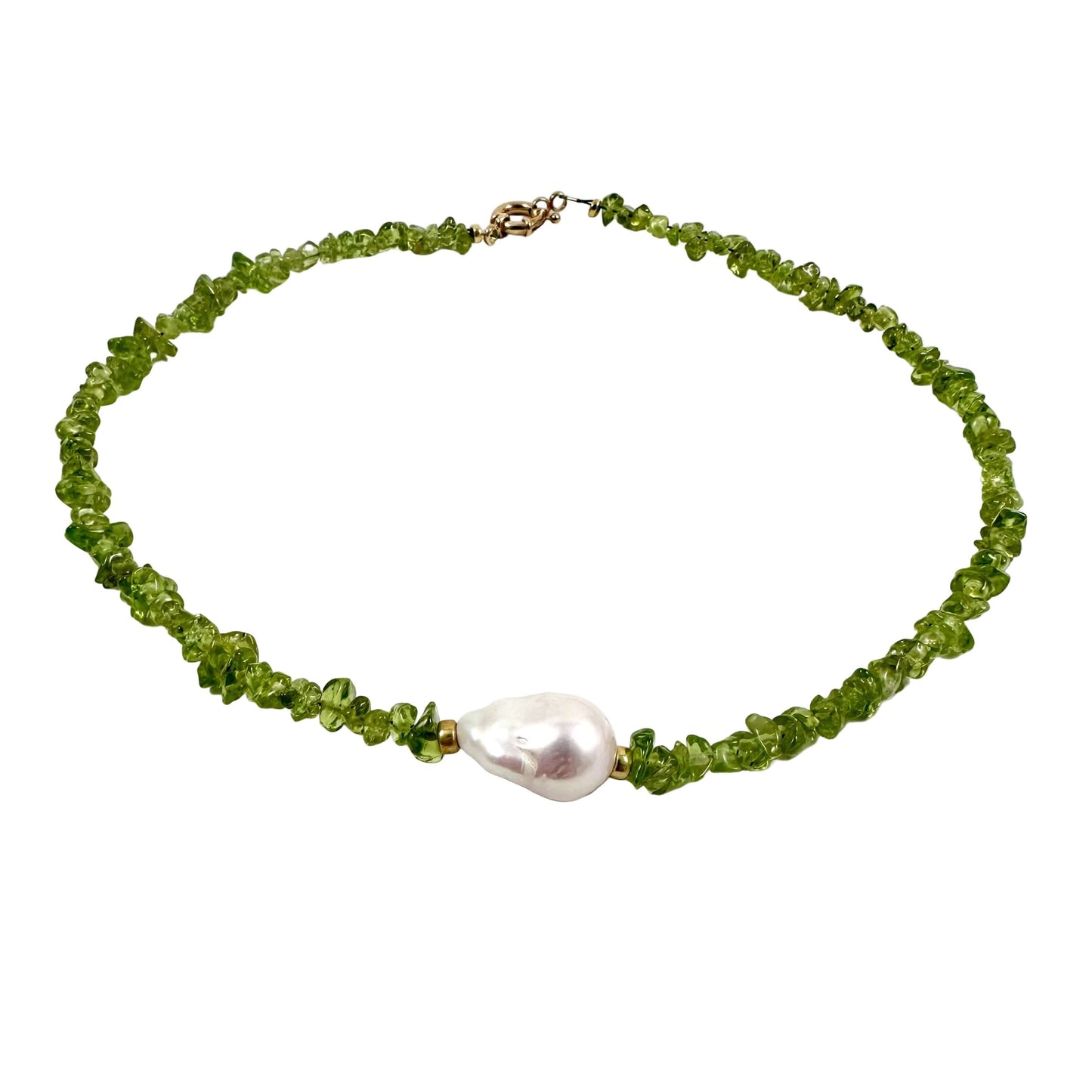 A beaded necklace made of small green faceted beads with a large, irregular white pearl pendant, displayed on a clean white background.
