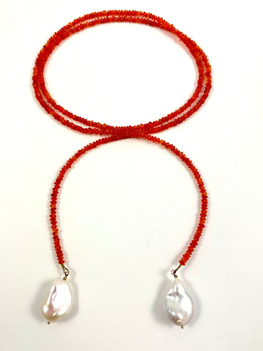 up close orange carnelian lariat necklace with 2 baroque pearls