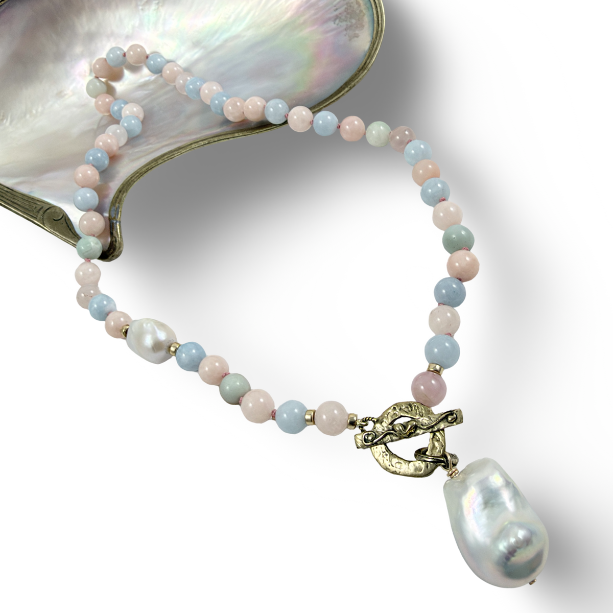hand knotted morganite and aquamarine toggle necklace with white baroque pearl pendant