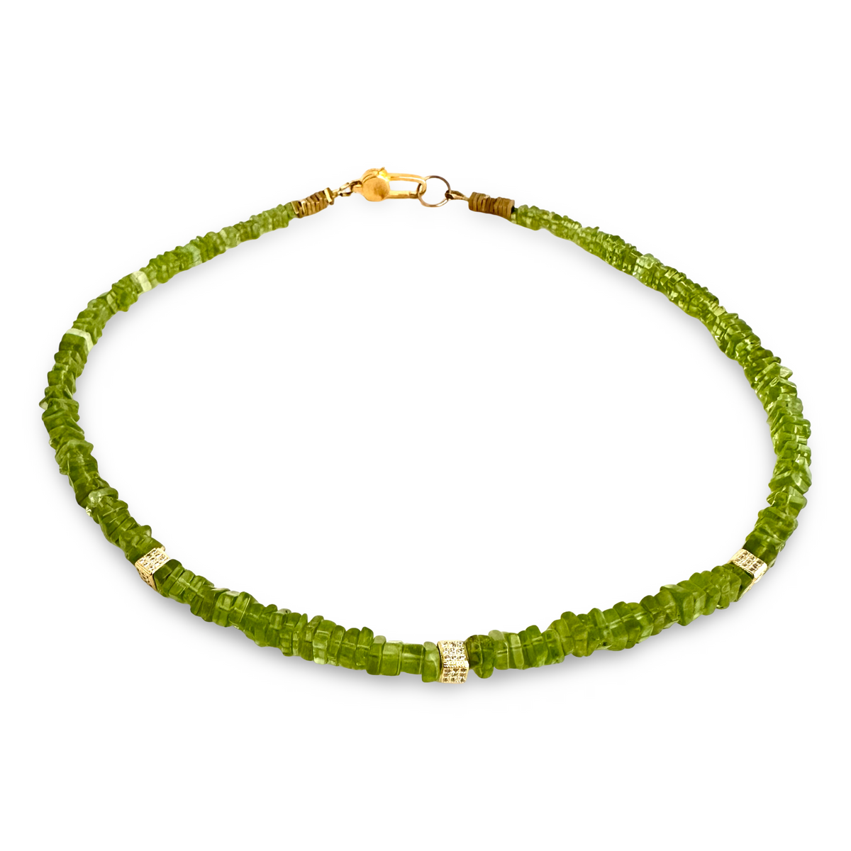 A green faceted gemstone beaded necklace with gold-toned spacer beads and a gold clasp, displayed on a clean white background.