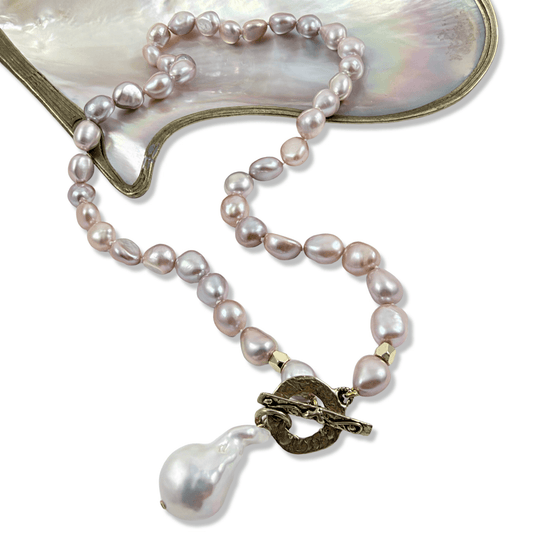 pink pearl bronze toggle necklace with baroque pearl pendant