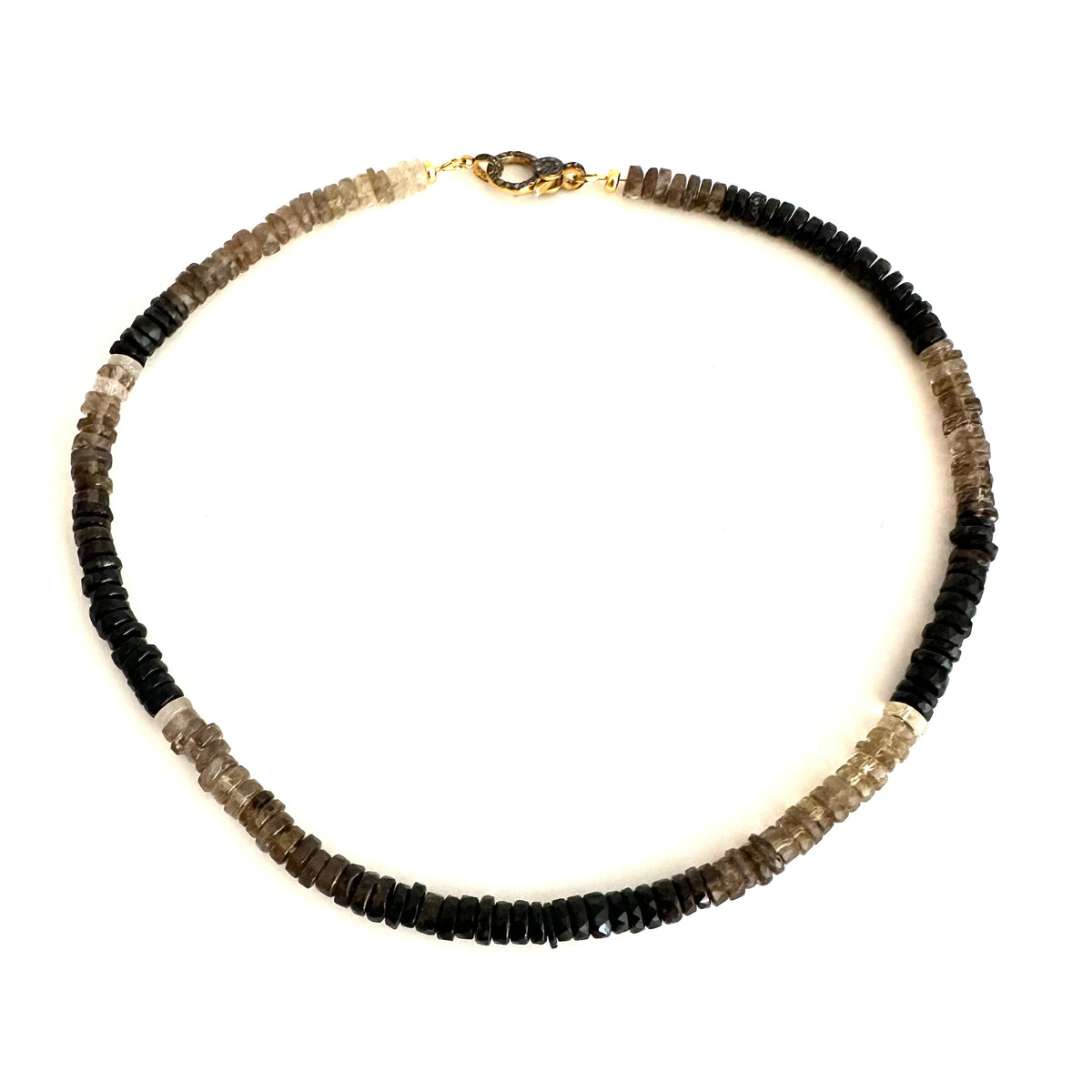 shaded smoky quartz beaded necklace on white background
