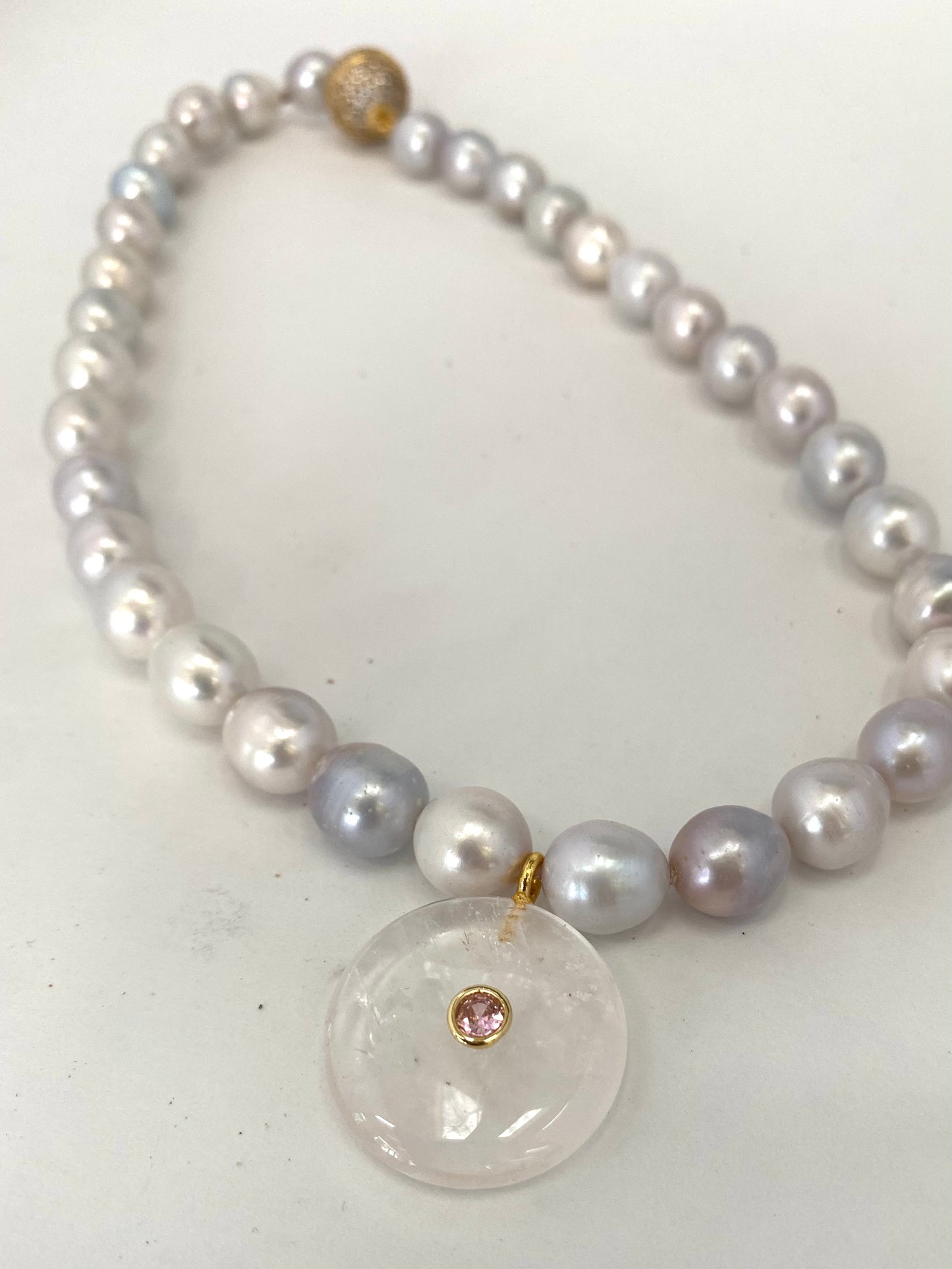 silver blue pearl necklace with coin pendant and magnetic clasp