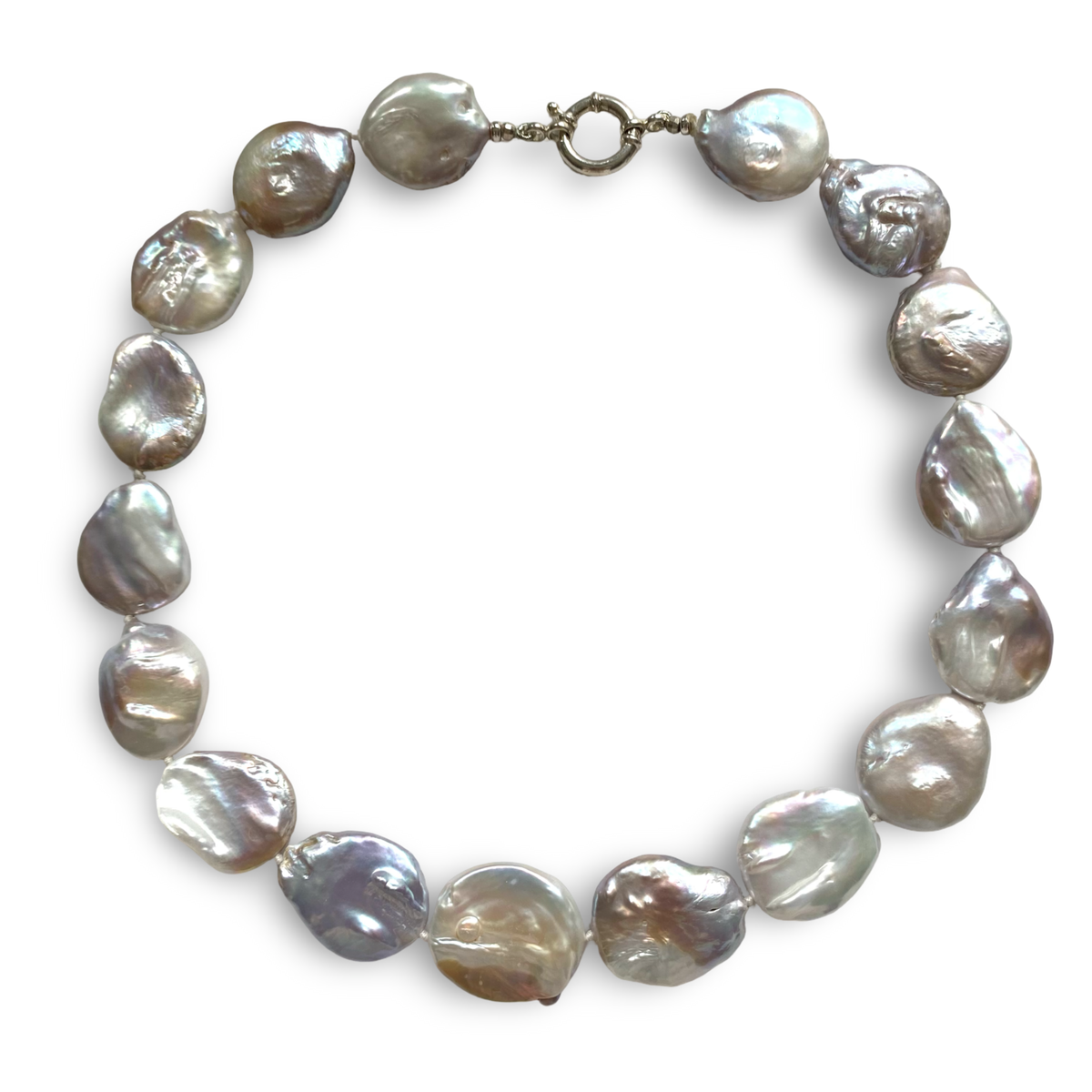 A baroque pearl necklace with an irregular, organic shape, featuring iridescent gray and silver pearls with a silver clasp, shown on a plain white background.