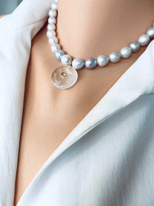 silver grey pearl necklace with coin white quartz pendant pink Cz inlay