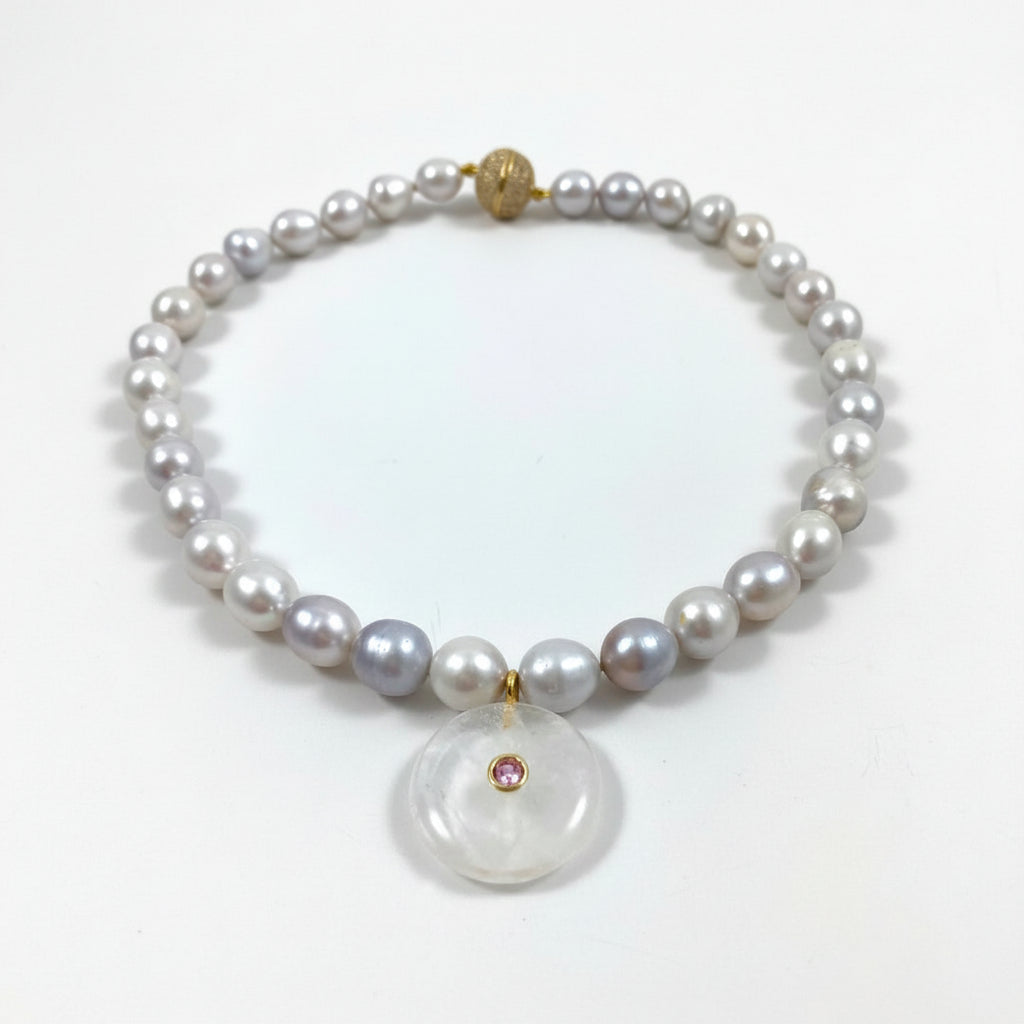 silver white freshwater pearl choker necklace with a crystal pendant