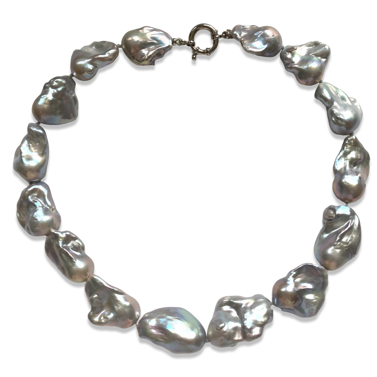 Baroque pearl necklace with silver details, showcasing large, iridescent baroque pearls in an organic design.