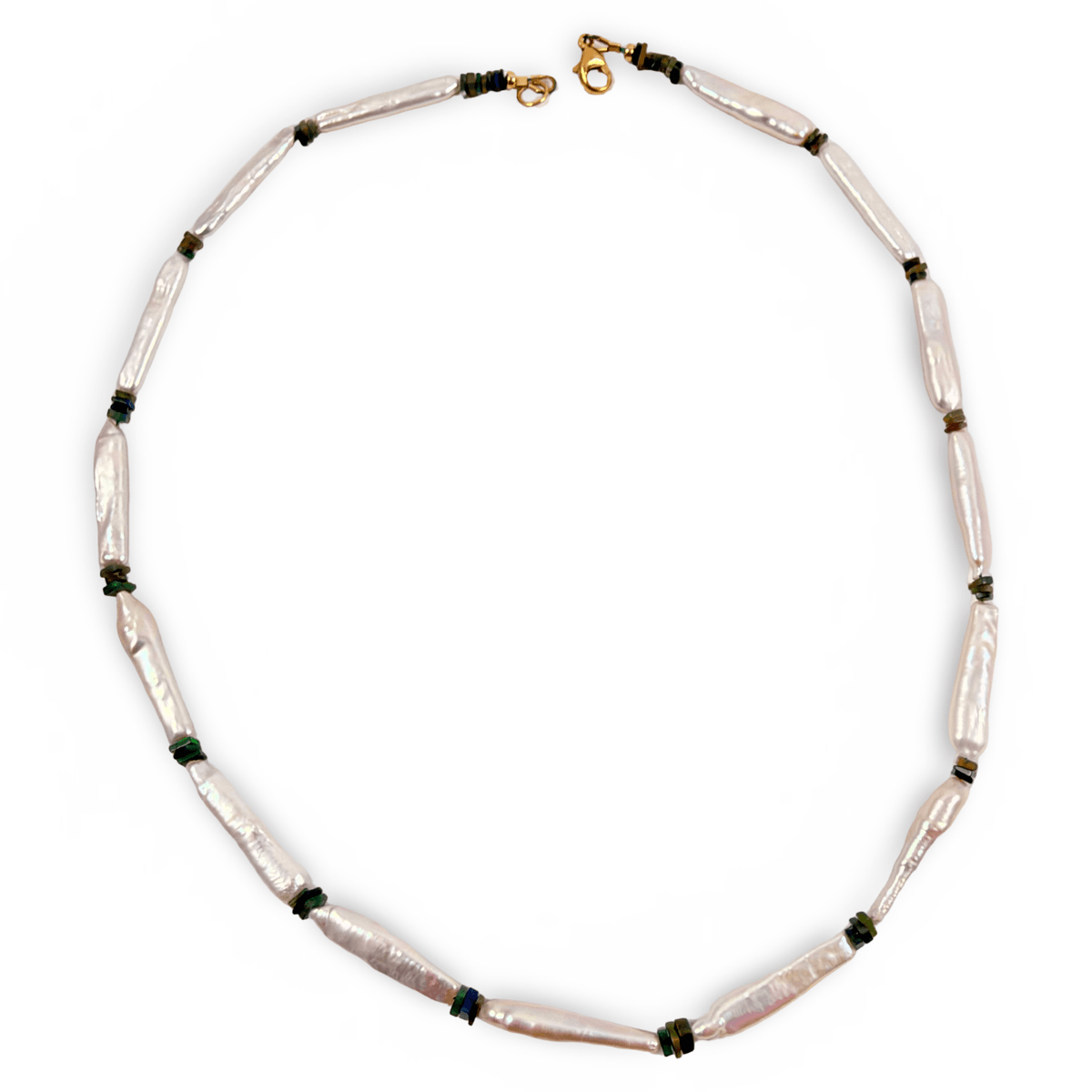stick pearl necklace of 19 inches with black opals fiished with gold filled lobster clasp