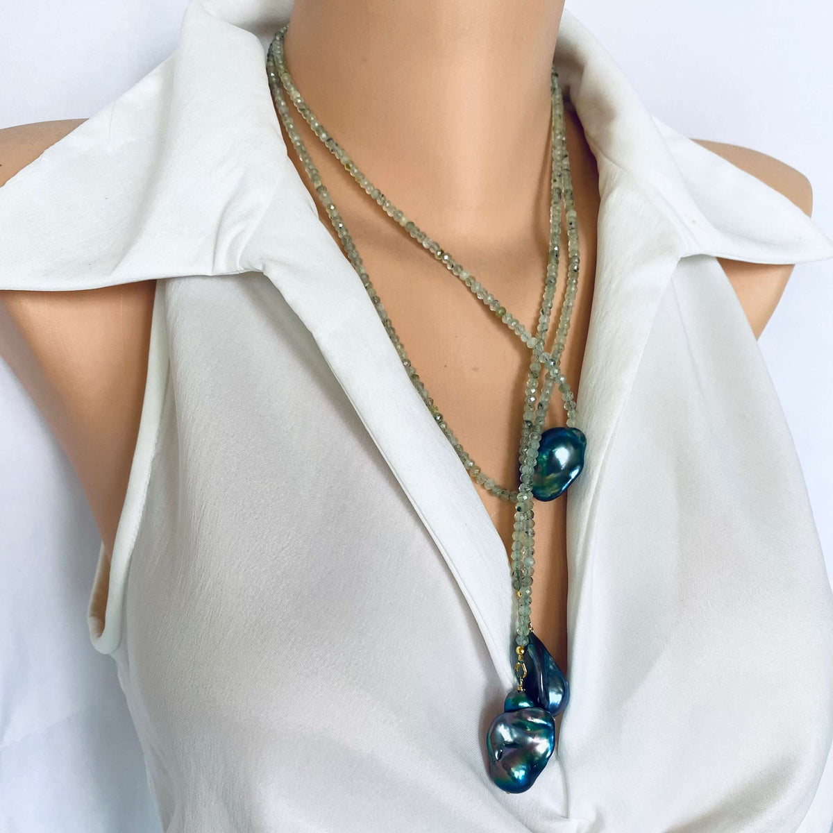 Green Prehnite and Black Baroque Pearls Lariat Necklace displayed on a mannequin, showcasing its elegant design.