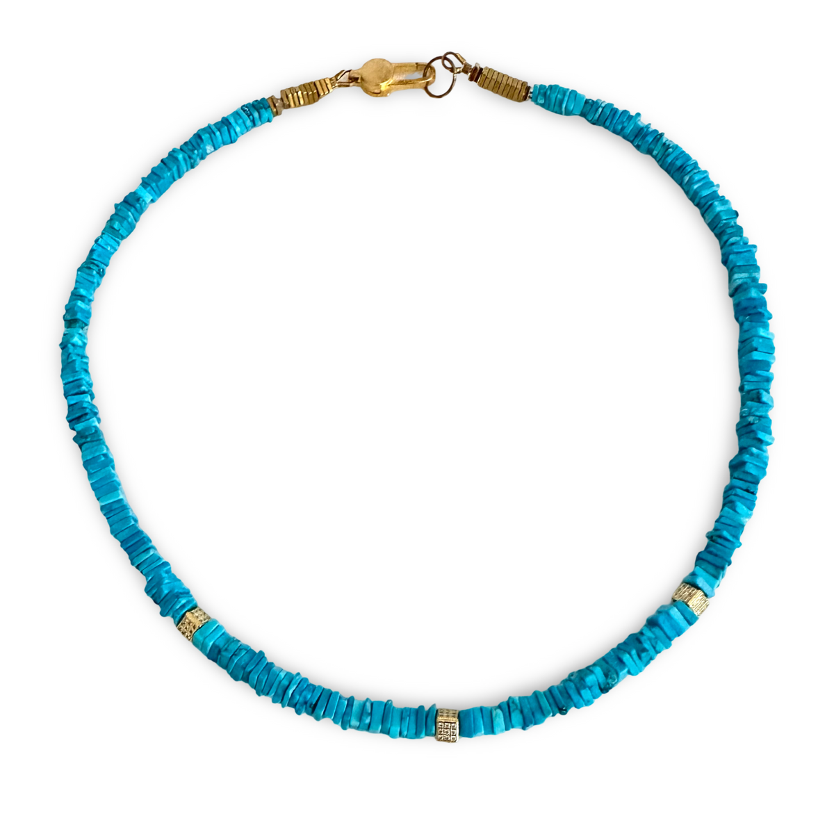 A turquoise beaded necklace made of small, textured disc-like beads, accented with gold spacer beads and a gold clasp, shown on a plain white background.