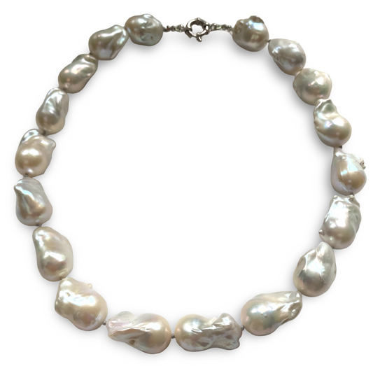 Baroque Pearl Chunky Necklace showcasing unique white freshwater pearls handcrafted on grey silk.