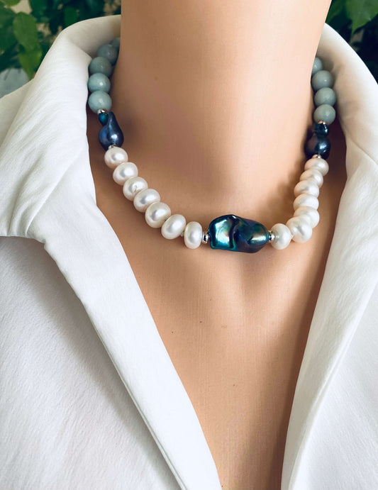 Amazonite pearl necklace featuring baroque and coin pearls, combining vibrant gemstones and elegant pearls.
