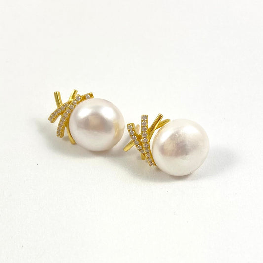 freshwater white button pearl stud earrings in gold vermeil