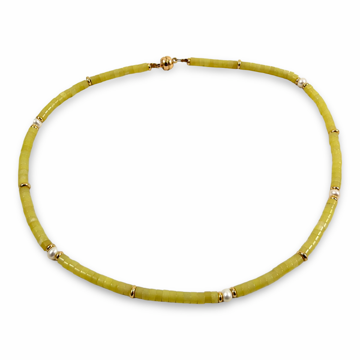 A beaded necklace featuring textured olive green cylindrical beads separated by small gold spacer rings and accented with tiny white pearl-like beads, displayed on a clean white background.