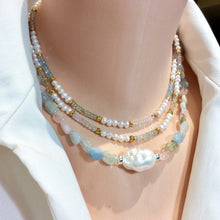 Cargar imagen en el visor de la galería, Aquamarine and Morganite Beaded Necklace Embellished with A Large Baroque Pearl, Sterling Silver
