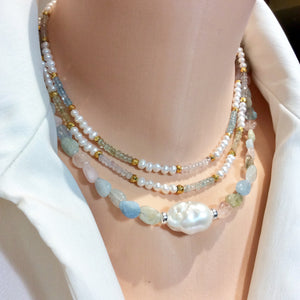 Aquamarine and Morganite Beaded Necklace Embellished with A Large Baroque Pearl, Sterling Silver