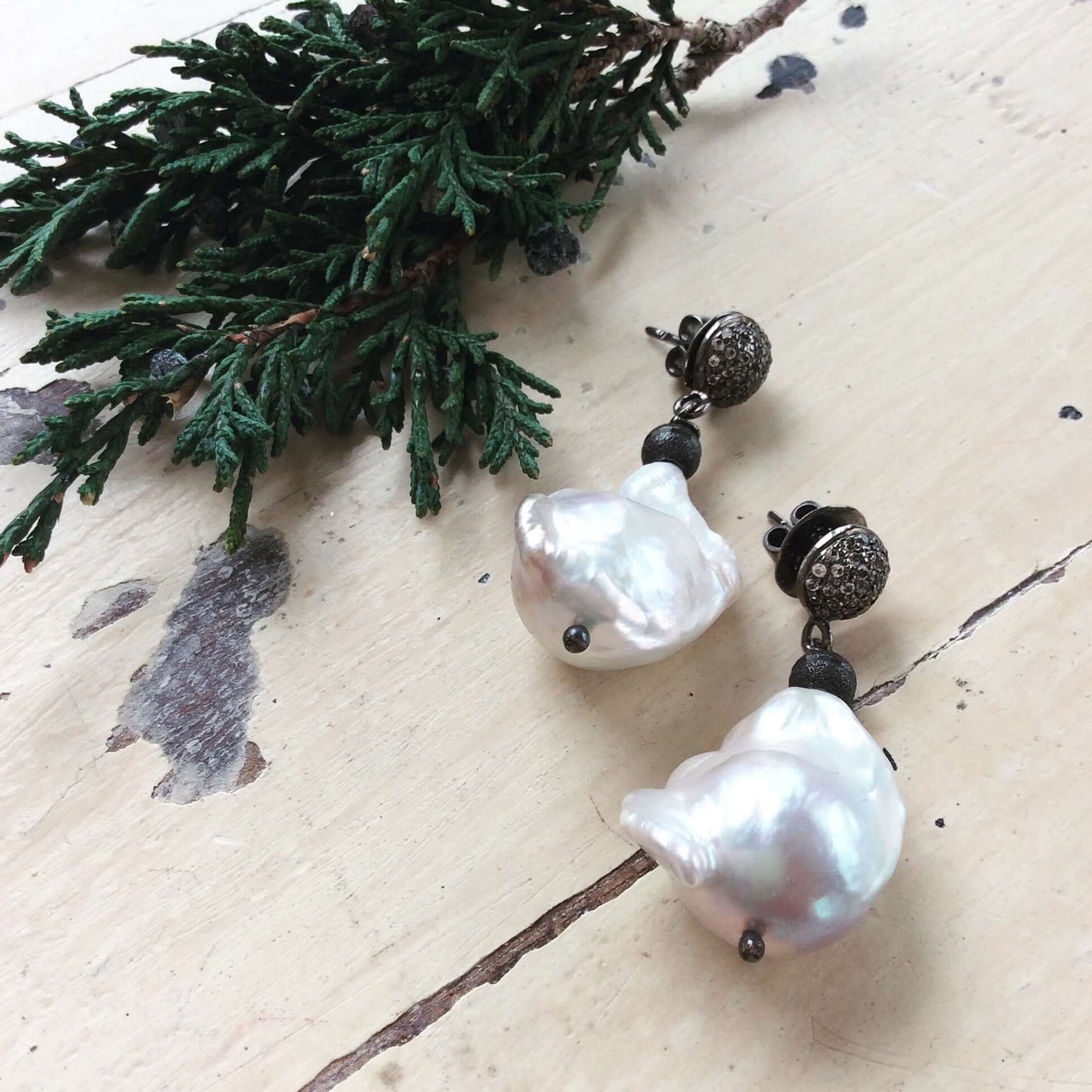 Baroque Pearl Drop Earrings – Diamond Pavé Studs in Oxidized Silver with freshwater baroque pearls and decorative studs