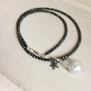 Baroque Pearl Pendant w Tiny Star Charm Floating on Hematite Beads Necklace, Sterling Silver