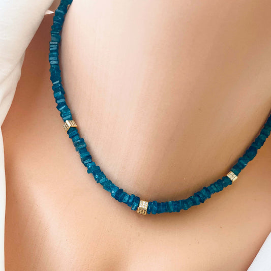 Blue Apatite Choker Necklace with Faceted Beads showcasing rich ocean-blue hues and gold accents.