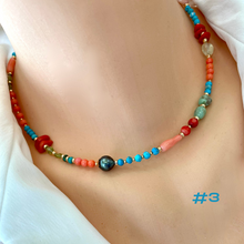 Load image into Gallery viewer, Turquoise, Chrysoprase, Pink Orange Red Coral and Tahitian Pearl Summer Necklace, Gold Filled, 15-16&quot;in
