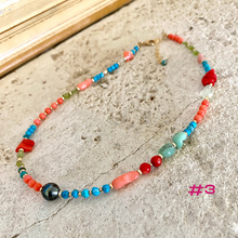 Cargar imagen en el visor de la galería, Turquoise, Chrysoprase, Pink Orange Red Coral and Tahitian Pearl Summer Necklace, Gold Filled, 15-16&quot;in

