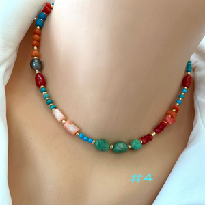 Turquoise, Chrysoprase, Pink Orange Red Coral and Tahitian Pearl Summer Necklace, Gold Filled, 15-16"in