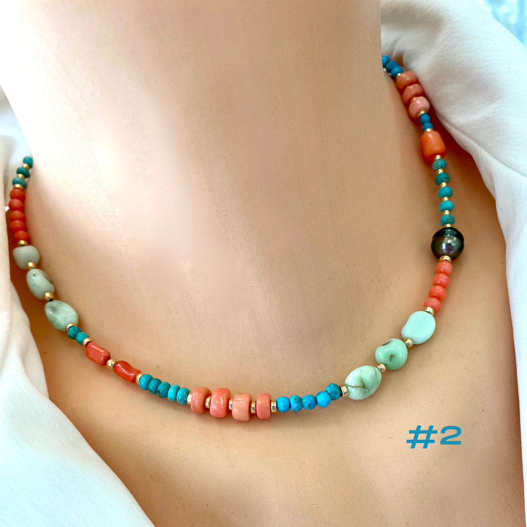 Turquoise, Chrysoprase, Pink Orange Red Coral and Tahitian Pearl Summer Necklace, Gold Filled, 15-16