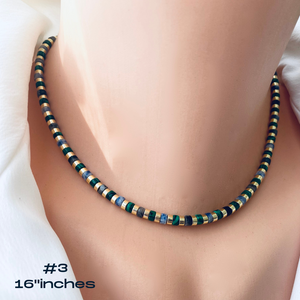 Multi Color Gemstones Choker Necklaces with Gold Coated Hematite Tire Beads, Gold Plated Brass, 16"inches