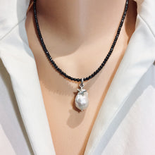 Load image into Gallery viewer, Baroque Pearl Pendant w Tiny Star Charm Floating on Hematite Beads Necklace, Sterling Silver
