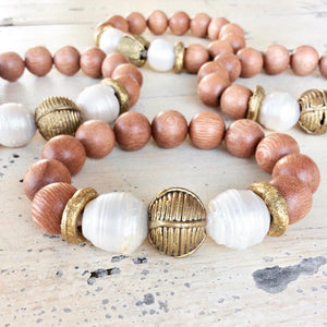 Rosewood & Freshwater Baroque pearls w African Brass Bracelet
