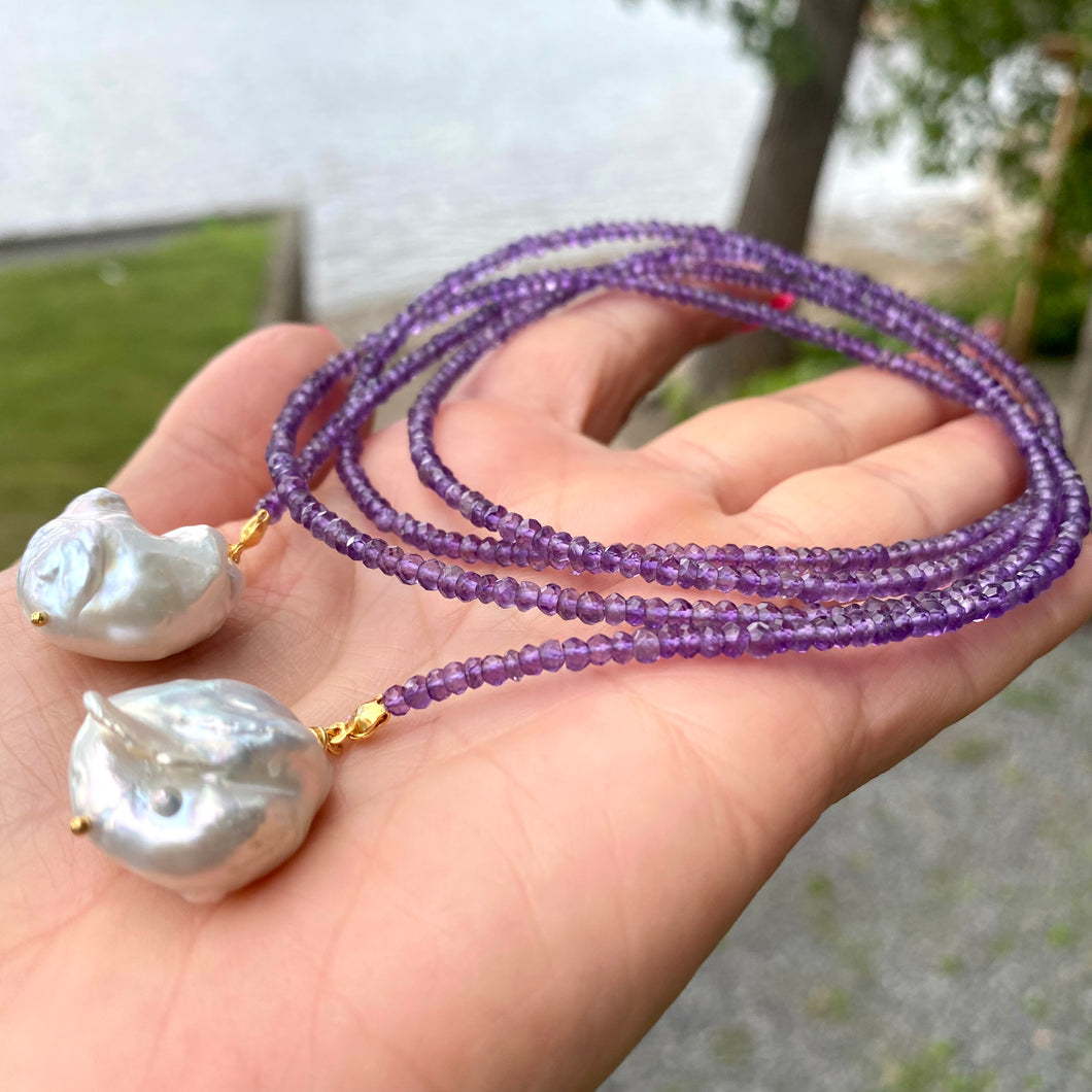 Single Strand of Amethyst & two Baroque Pearls Lariat Necklace, February Birthstone, 42.5