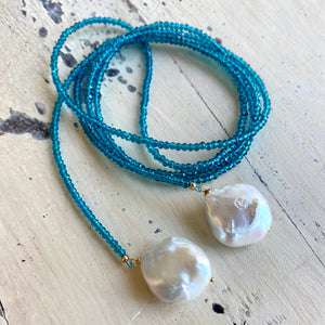 London Blue Quartz & two Large Baroque Pearls Lariat Necklace, 43"in
