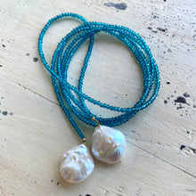 Load image into Gallery viewer, London Blue Quartz &amp; two Large Baroque Pearls Lariat Necklace, 43&quot;in
