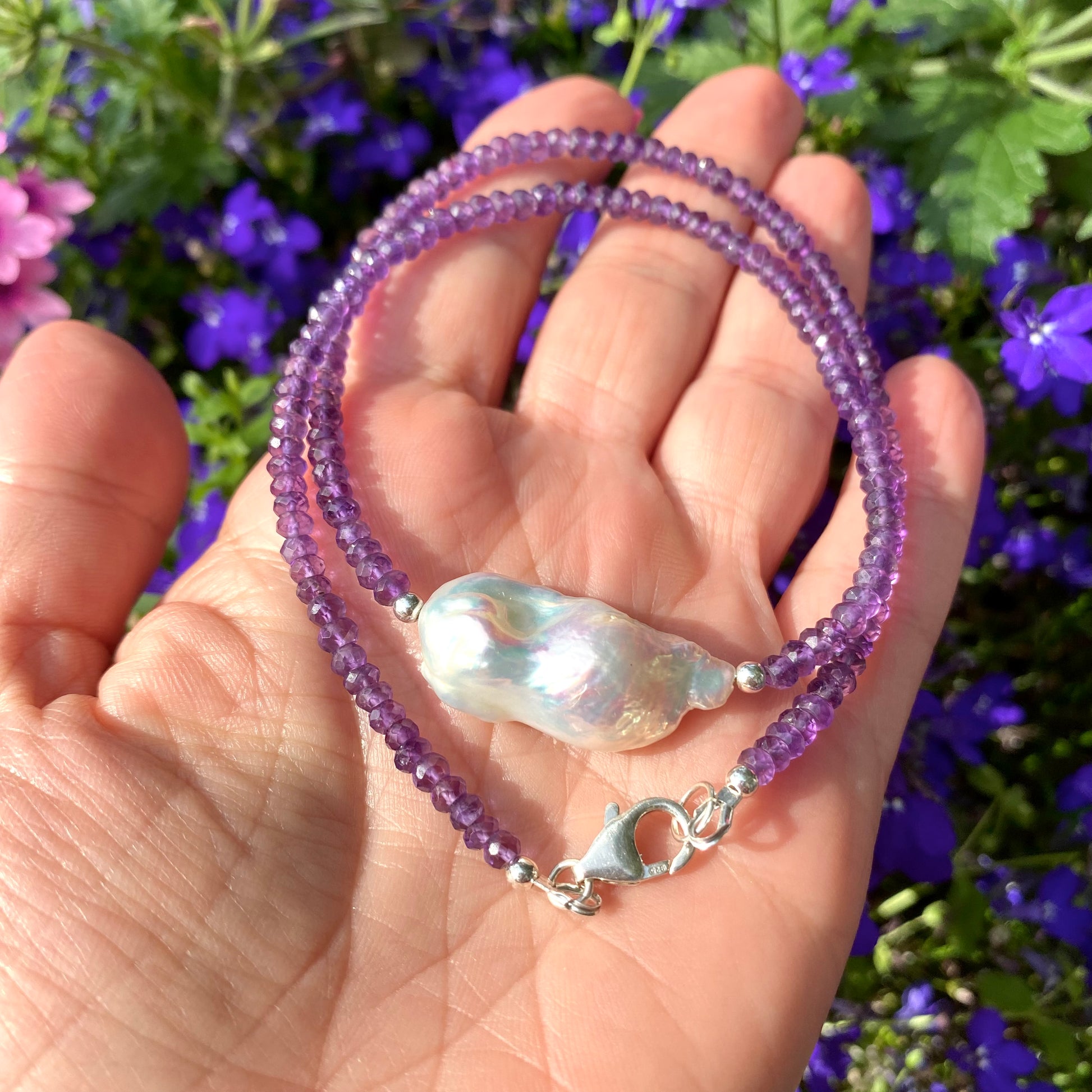 Amethyst baroque pearl necklace handmade in Canada with natural amethyst and baroque pearl