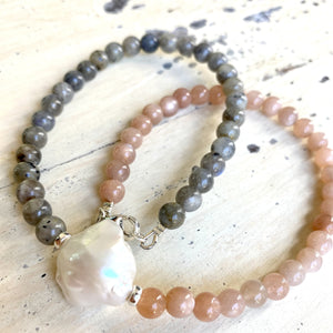 Sunstone and Labradorite Necklace with A White Baroque Pearl, Sterling Silver Beads and Closure